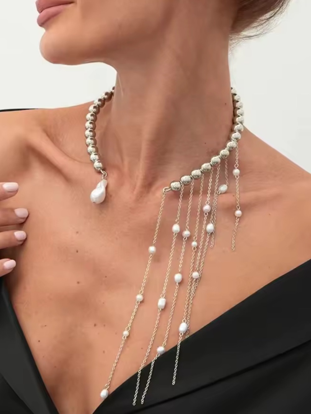 Silver Beaded Necklace with White Pearl Fringe